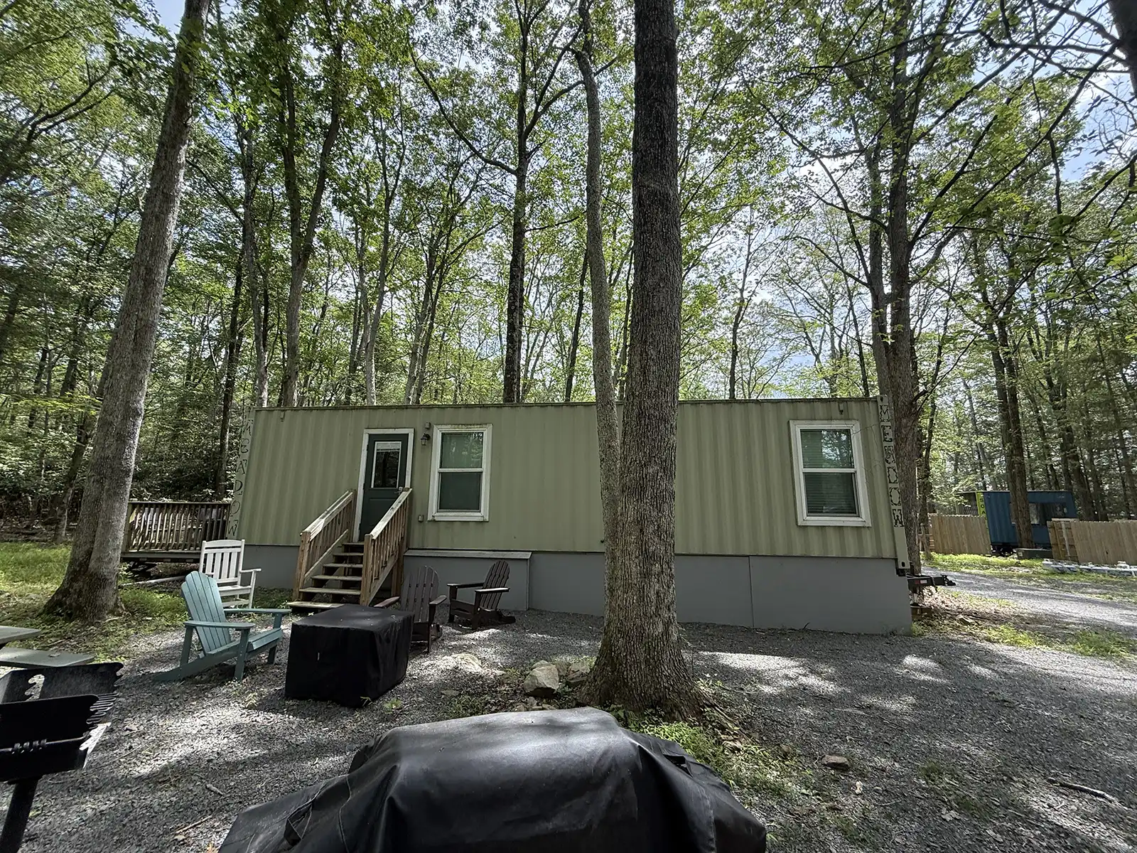 Meadow cabin front exterior in the Pocono woods