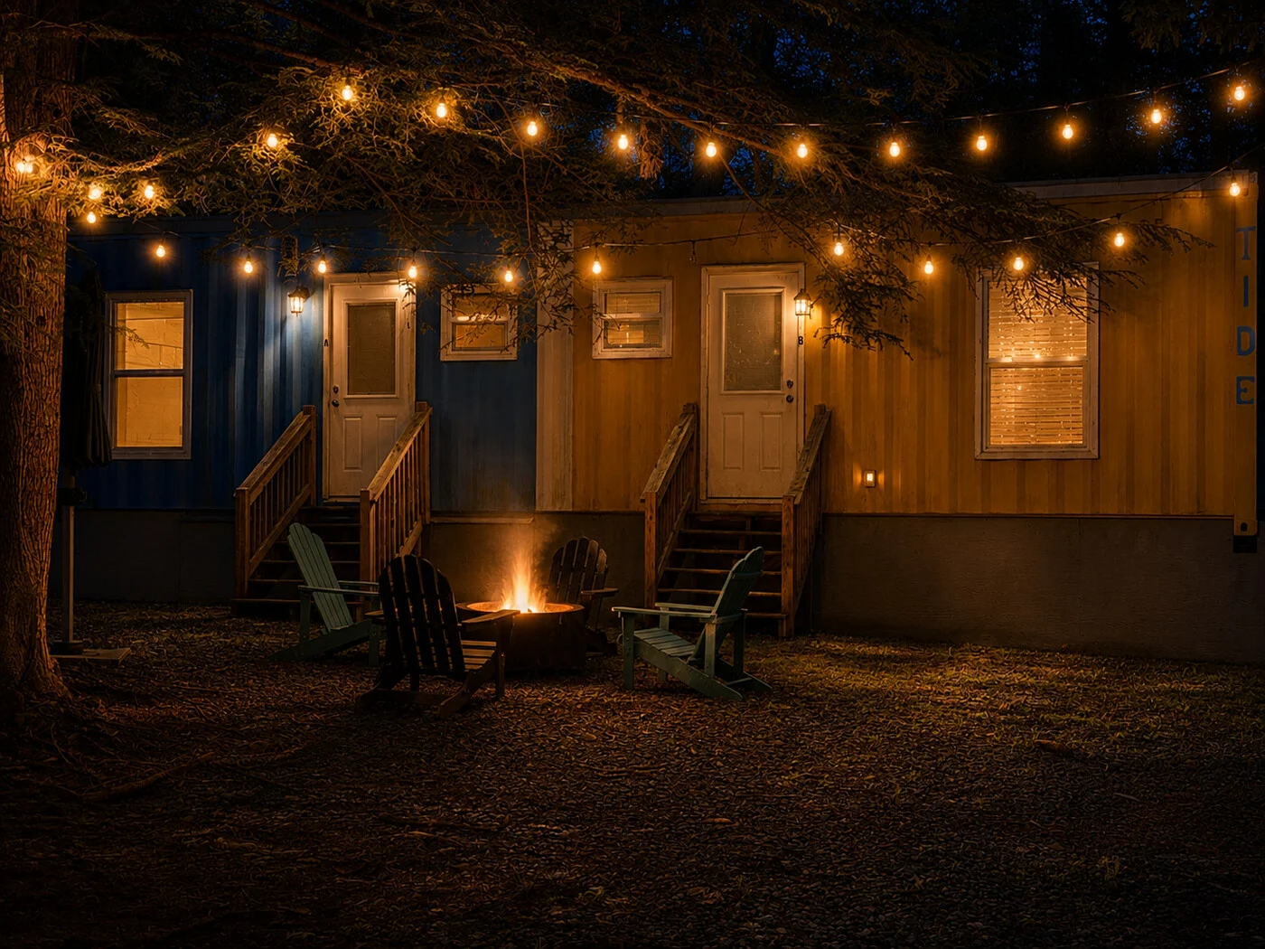 Low and Tide with their shared fire pit at night